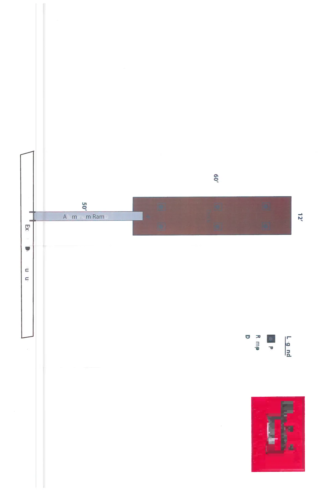 Top-down plan view of the project site showing the existing deck structure, aluminum ramp, and the dock with pile locations