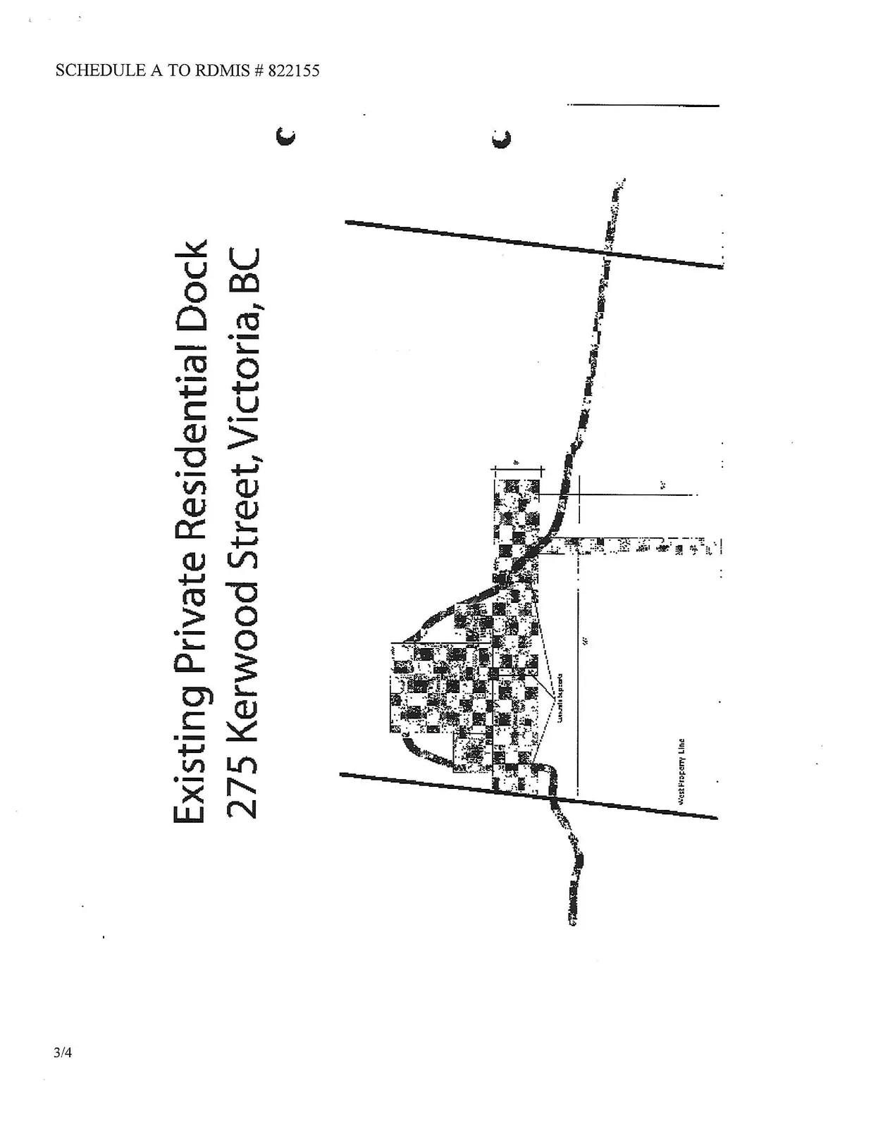 Diagram showing the layout of an existing private residential dock at 275 Kerwood Street relative to the west property line and the shoreline.