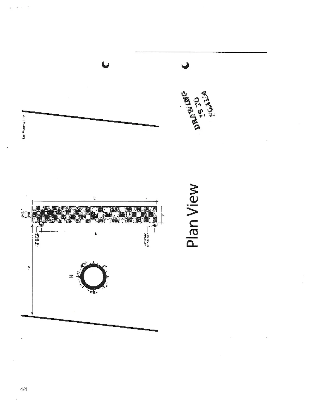 Plan view diagram of the dock structure including the east property line, dimensions, and a north arrow indicator.