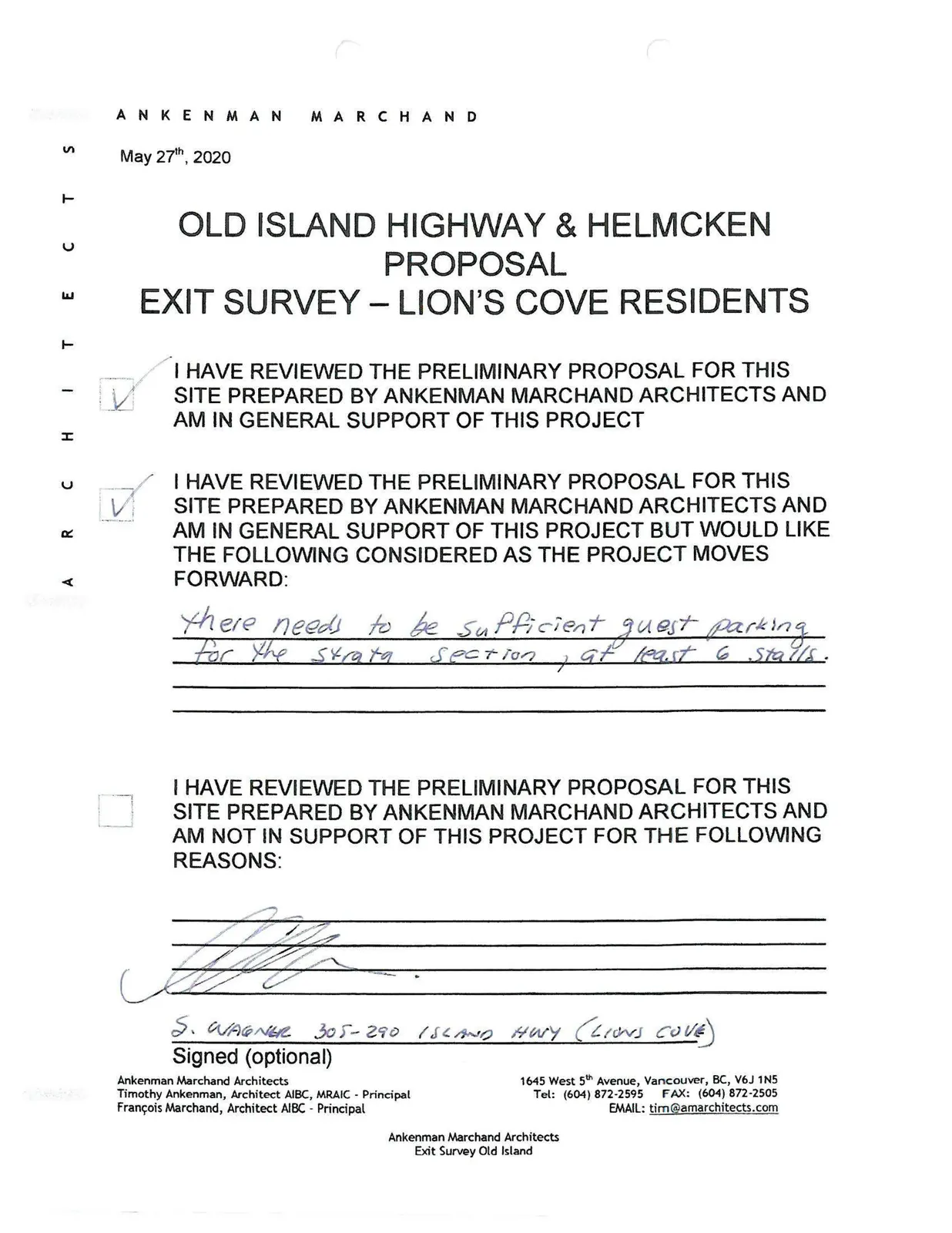 A completed exit survey for Lion's Cove residents regarding the Old Island Highway & Helmcken proposal.