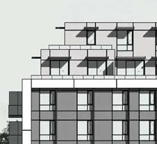 Building elevation diagrams showing calculations for sprinklered building exposing building face for the East, North, and West elevations