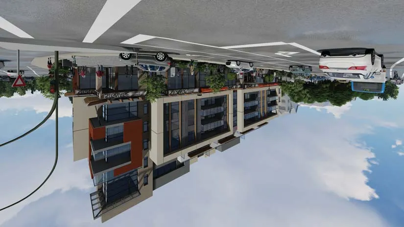 3D perspective rendering showing the building side and rear elevation