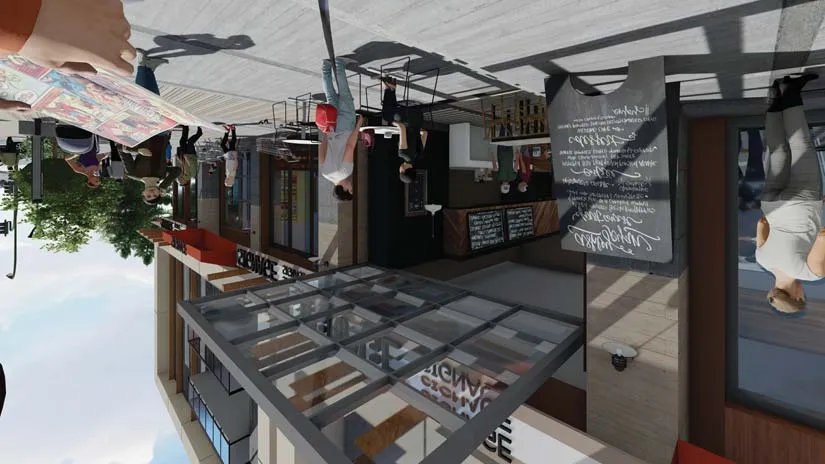 Pedestrian level 3D rendering of a CRU entrance and outdoor seating area