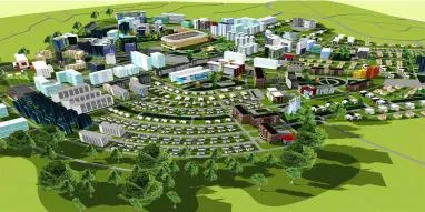 3D architectural rendering of a multi-building mixed-use development