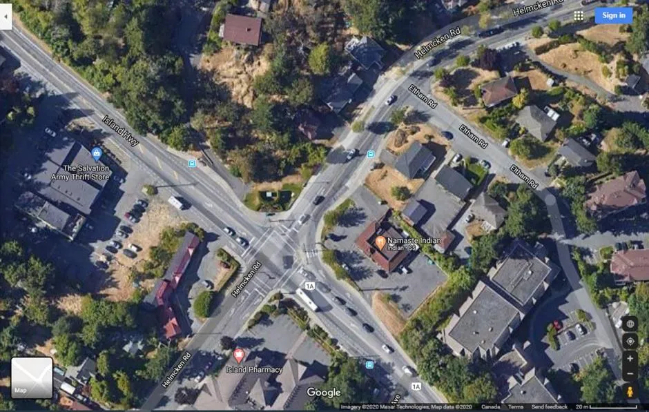 local context aerial map of the Island Highway and Helmcken Road intersection