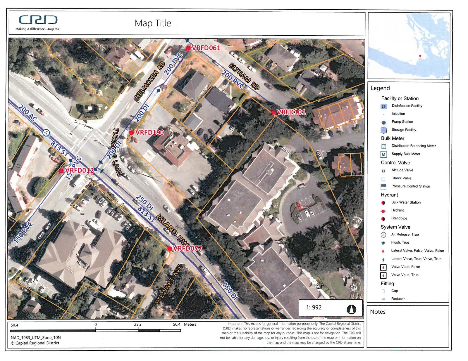Aerial map showing water utility infrastructure at the intersection of Helmcken Rd, Island Hwy, and Stewart Ave. The map displays various pipe types and sizes including 200 PVC, 200 DI, 250 DI, 150 PVC, 200 AC, and 813 ST. Specific hydrants are labeled VRFD061, VRFD101, VRFD190, VRFD012, and VRFD077. An air release valve is also indicated.