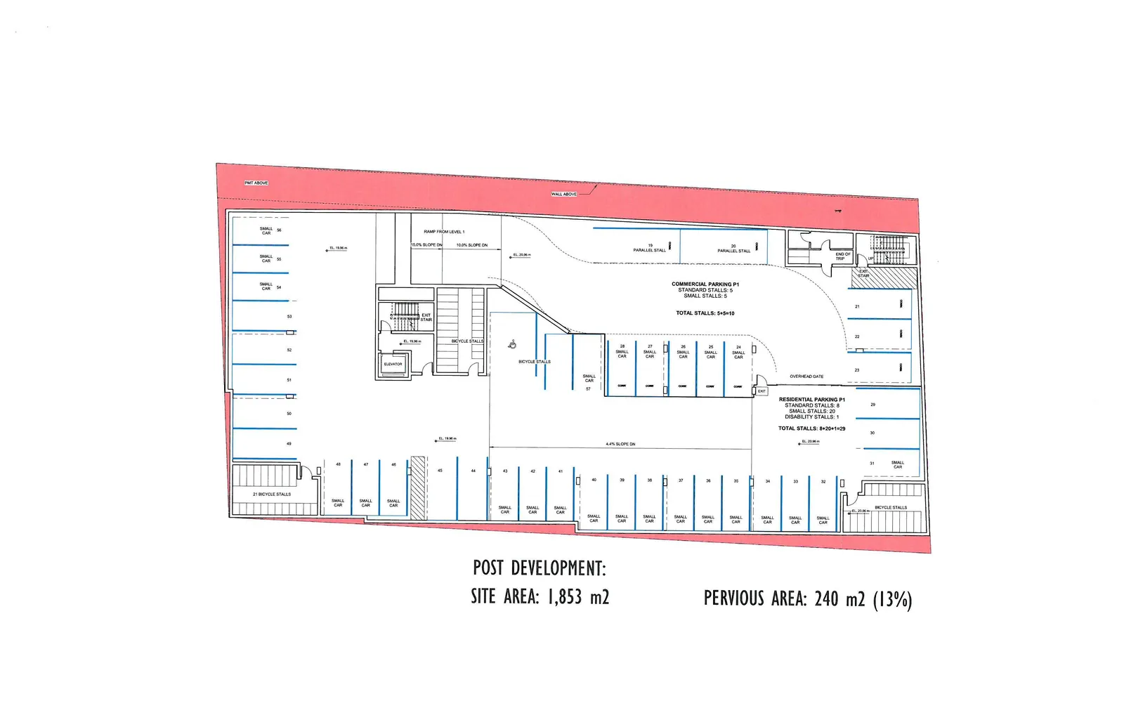 Architectural drawing showing the post-development parking layout for Level P1, including commercial and residential stalls, bicycle storage areas, ramps, and site statistics.