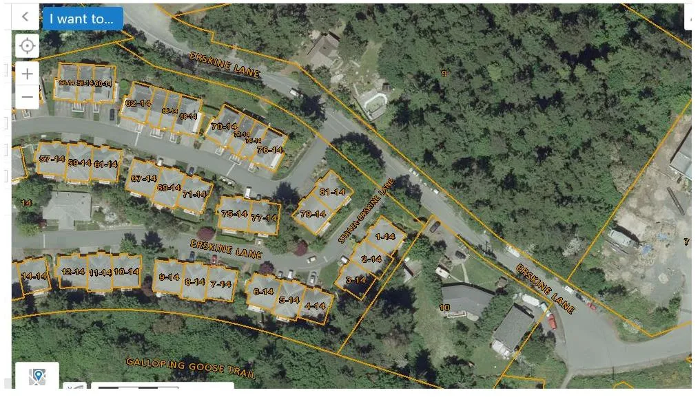 Aerial map view showing residential property parcels and unit numbers along Erskine Lane and Strata-Erskine Lane, with the Galloping Goose Trail located to the south. Individual housing units are labeled with numbers ranging from 1-14 to 81-14, and adjacent larger land parcels are identified with numbers 7, 9, 10, and 14.