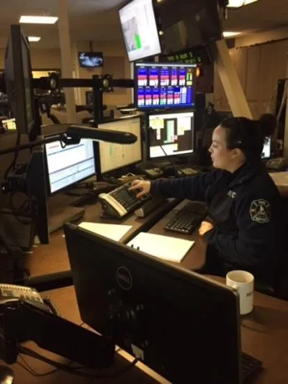 Overview of the dispatch center showing multiple monitors