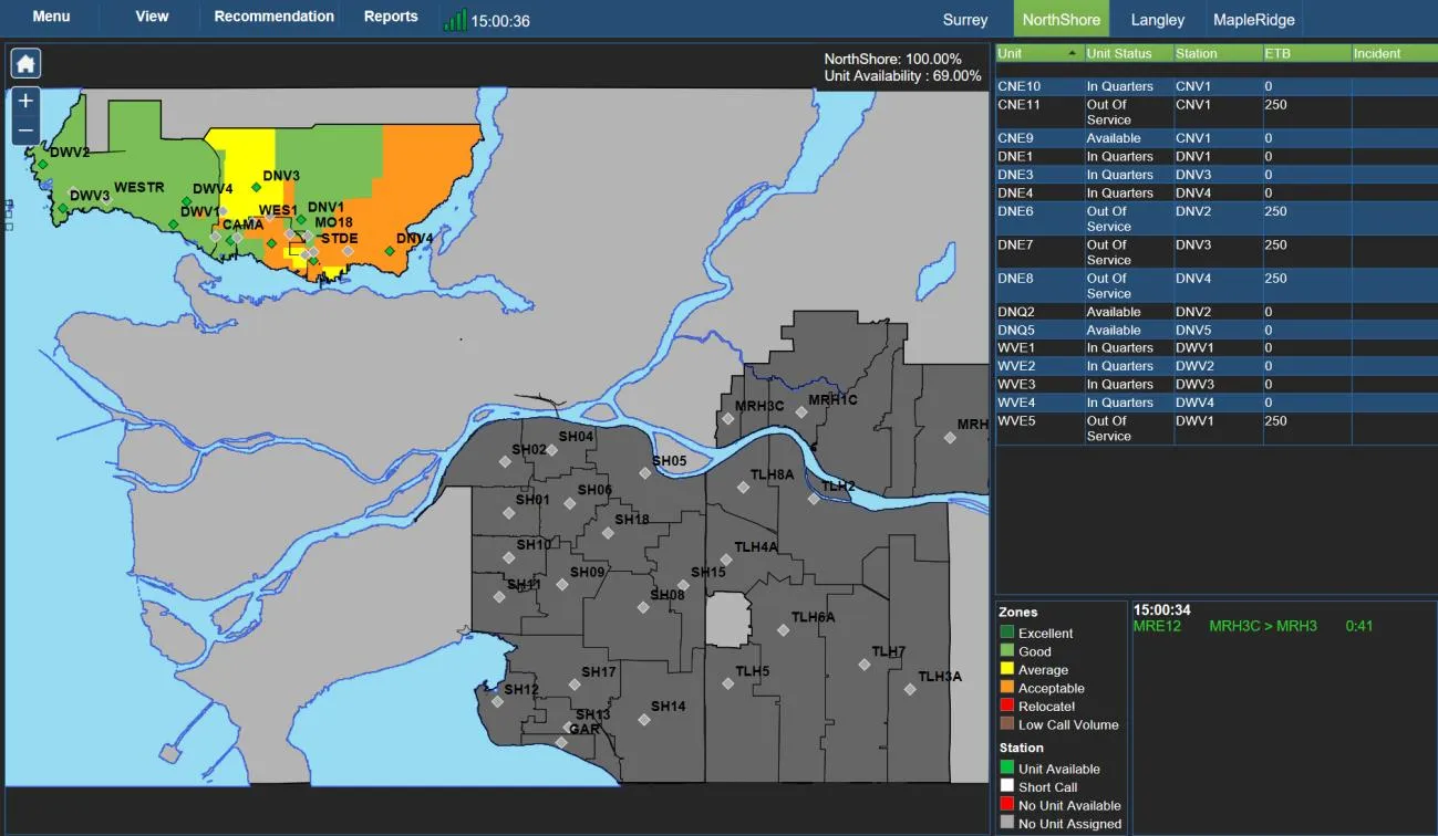 Screenshot of the LiveMUM software interface showing a coverage map and unit status