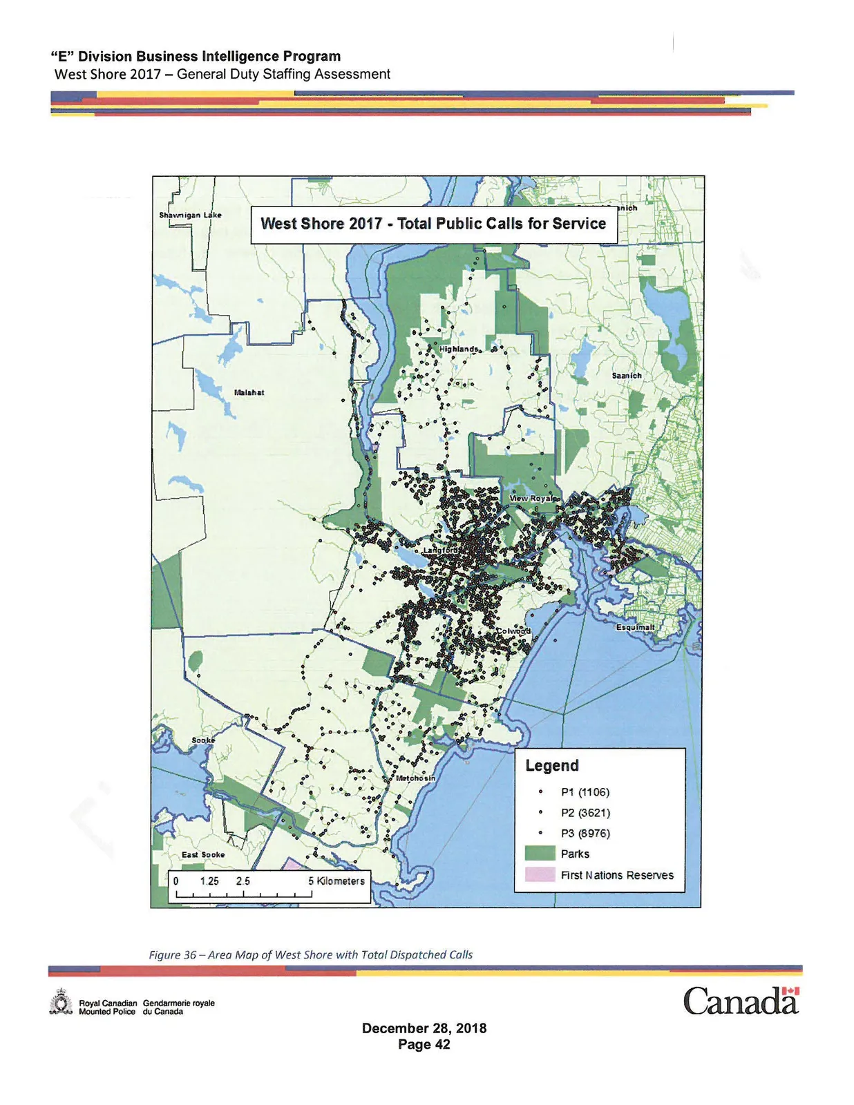 Area Map of West Shore with Total Dispatched Calls. The map shows a high concentration of calls in the Langford, Colwood, and View Royal areas, predominantly along road networks. Legend includes P1 (1106), P2 (3621), and P3 (8976), along with Parks and First Nations Reserves.