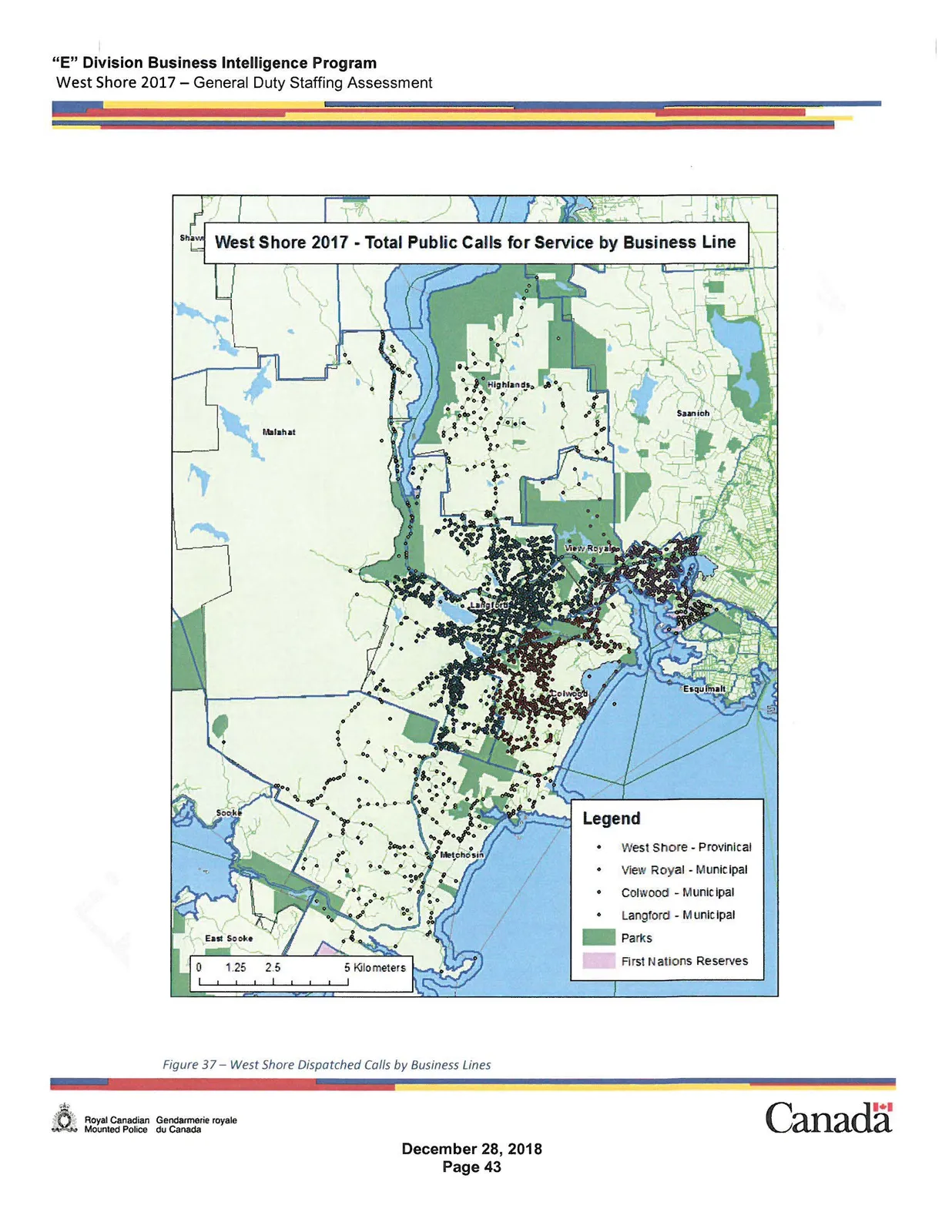 West Shore Dispatched Calls by Business Lines. The map displays calls color-coded by jurisdiction: West Shore - Provincial, View Royal - Municipal, Colwood - Municipal, and Langford - Municipal. Clusters are densest in the municipal areas.