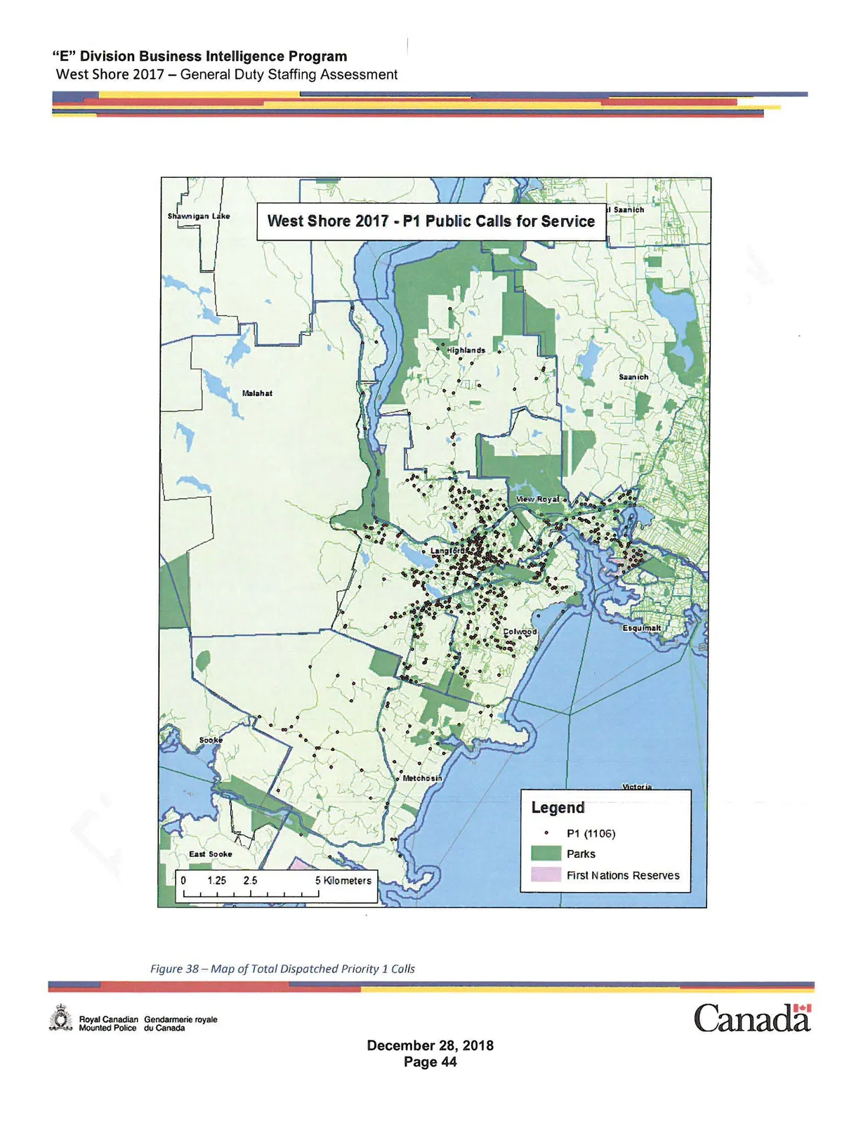 Map of Total Dispatched Priority 1 Calls. This map plots only P1 (Emergency) calls, totaling 1106, with significant clusters around the core Langford and Colwood intersections.