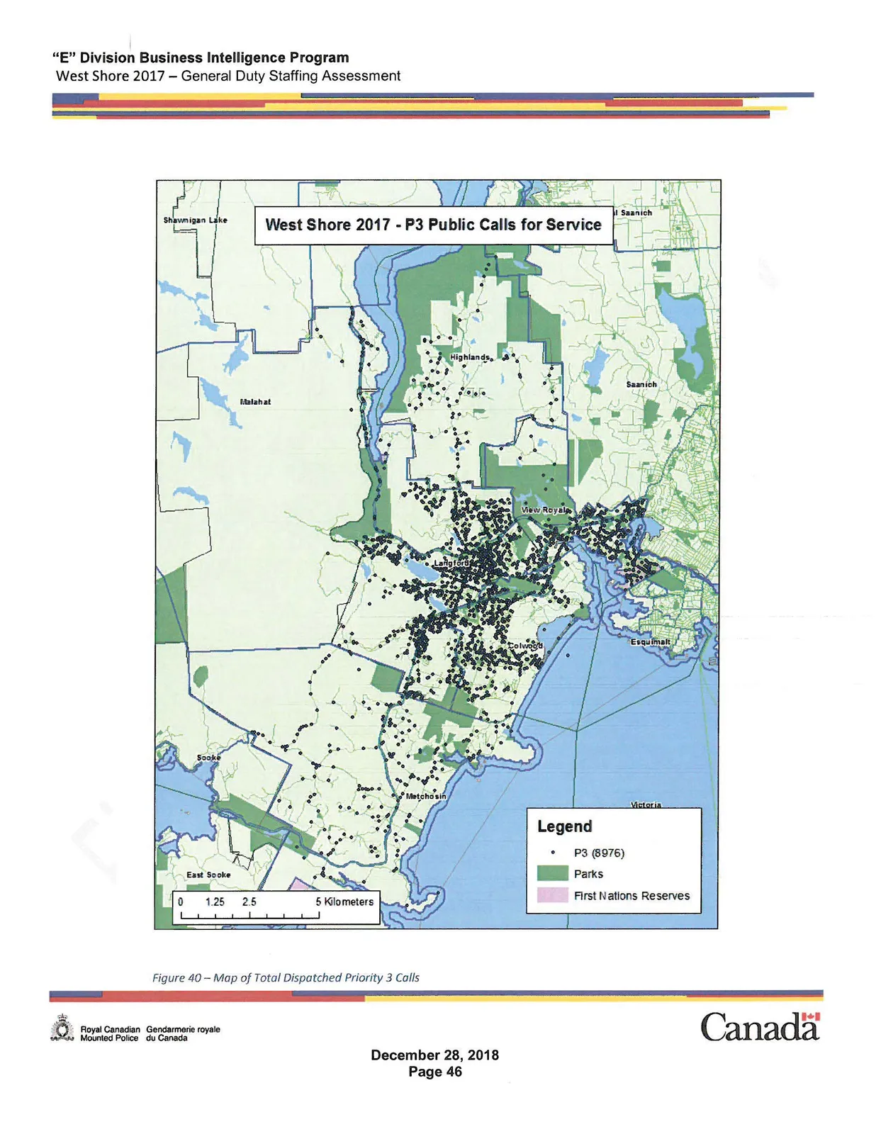 Map of Total Dispatched Priority 3 Calls. This map plots P3 (Routine) calls, totaling 8976, representing the largest volume of service calls, heavily concentrated in developed residential and commercial zones.