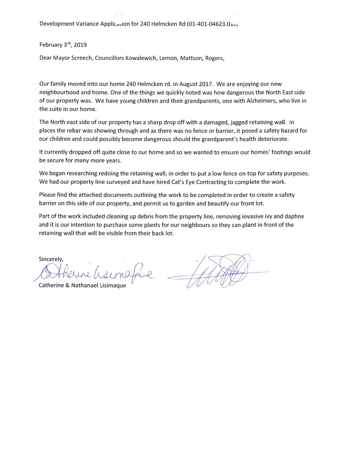 Development Variance Application letter from Catherine & Nathanael Lisimaque