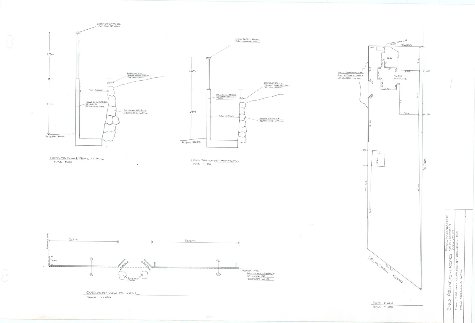 Engineering drawings including cross-sections, overhead view, and site plan for the new retaining wall