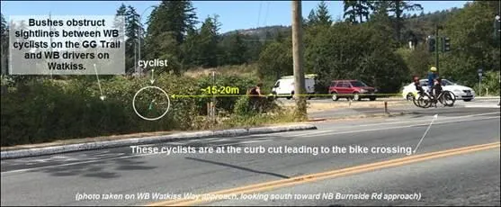 Photograph of the Watkiss Way approach showing bushes obstructing sightlines between trail cyclists and westbound drivers