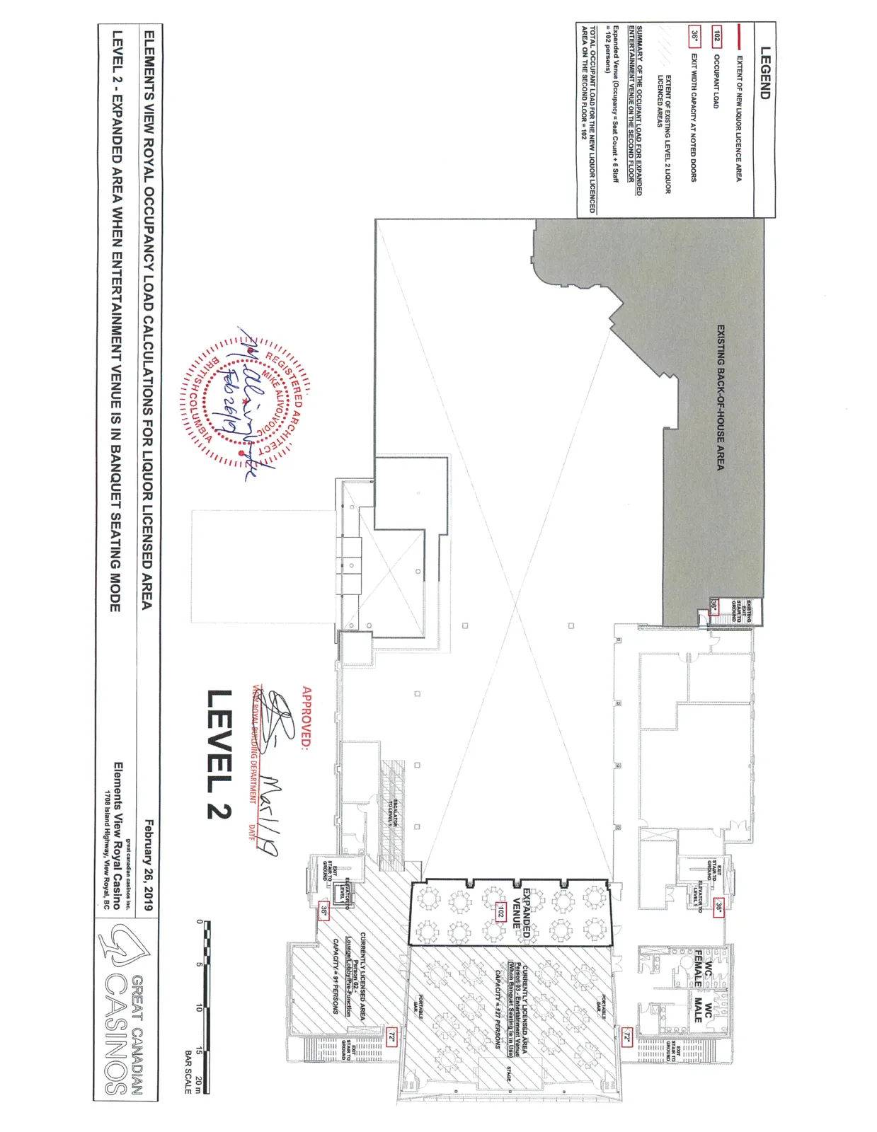 Floor plan of Level 2 of the Elements View Royal Casino illustrating the expanded liquor licensed area, existing licensed areas, and back-of-house areas. The plan includes occupant load counts, exit door widths, and room designations.