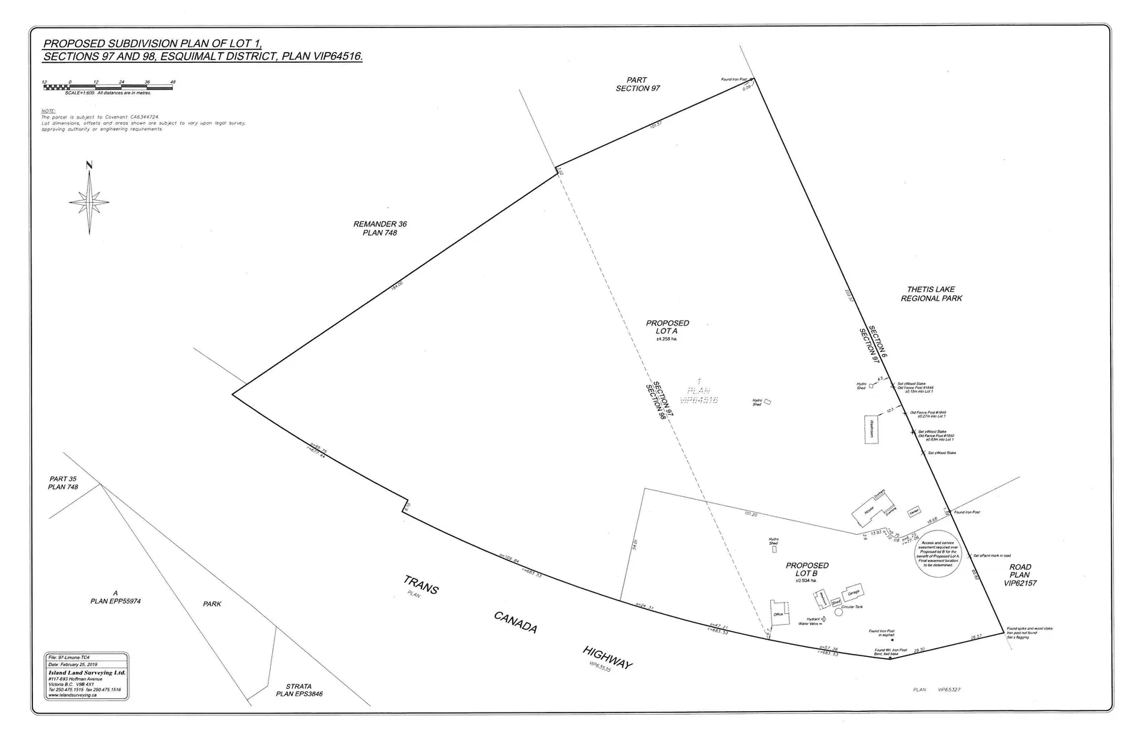 Survey map titled "PROPOSED SUBDIVISION PLAN OF LOT 1, SECTIONS 97 AND 98, ESQUIMALT DISTRICT, PLAN VIP64516" showing the division of land into Proposed Lot A and Proposed Lot B, adjacent to Thetis Lake Regional Park and the Trans Canada Highway.