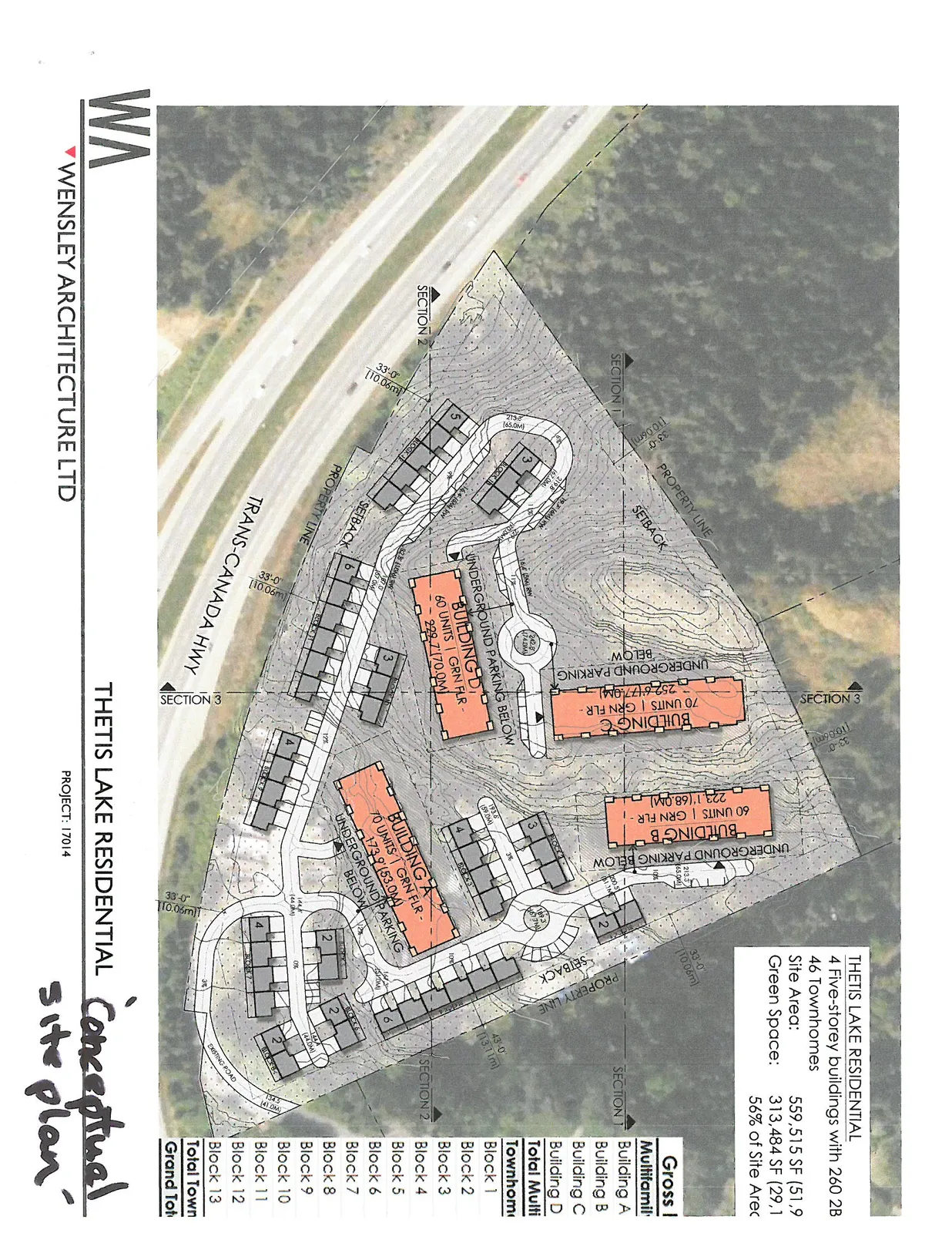 Conceptual site plan for Thetis Lake Residential, showing four five-storey multifamily buildings (labeled A through D) and 13 blocks of townhomes. The site is bounded by the Trans-Canada Highway and includes significant green space and underground parking.