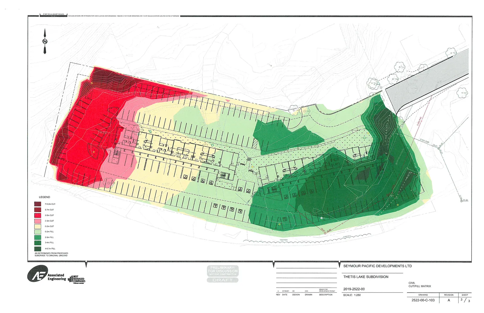 Civil cut/fill matrix drawing for Thetis Lake Subdivision, showing building footprints, parking layout, and color-coded zones indicating varying depths of earthwork cut and fill across the site.