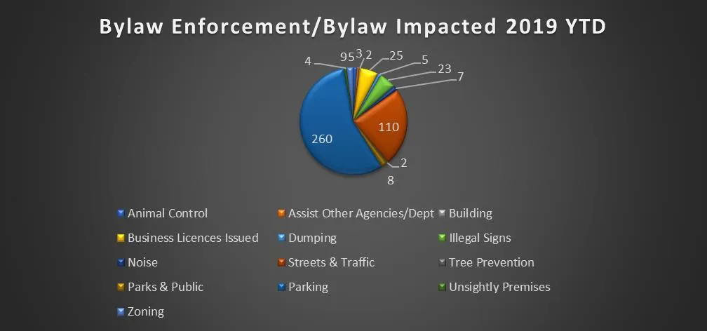 Pie chart titled "Bylaw Enforcement/Bylaw Impacted 2019 YTD" showing data distribution for various bylaw categories