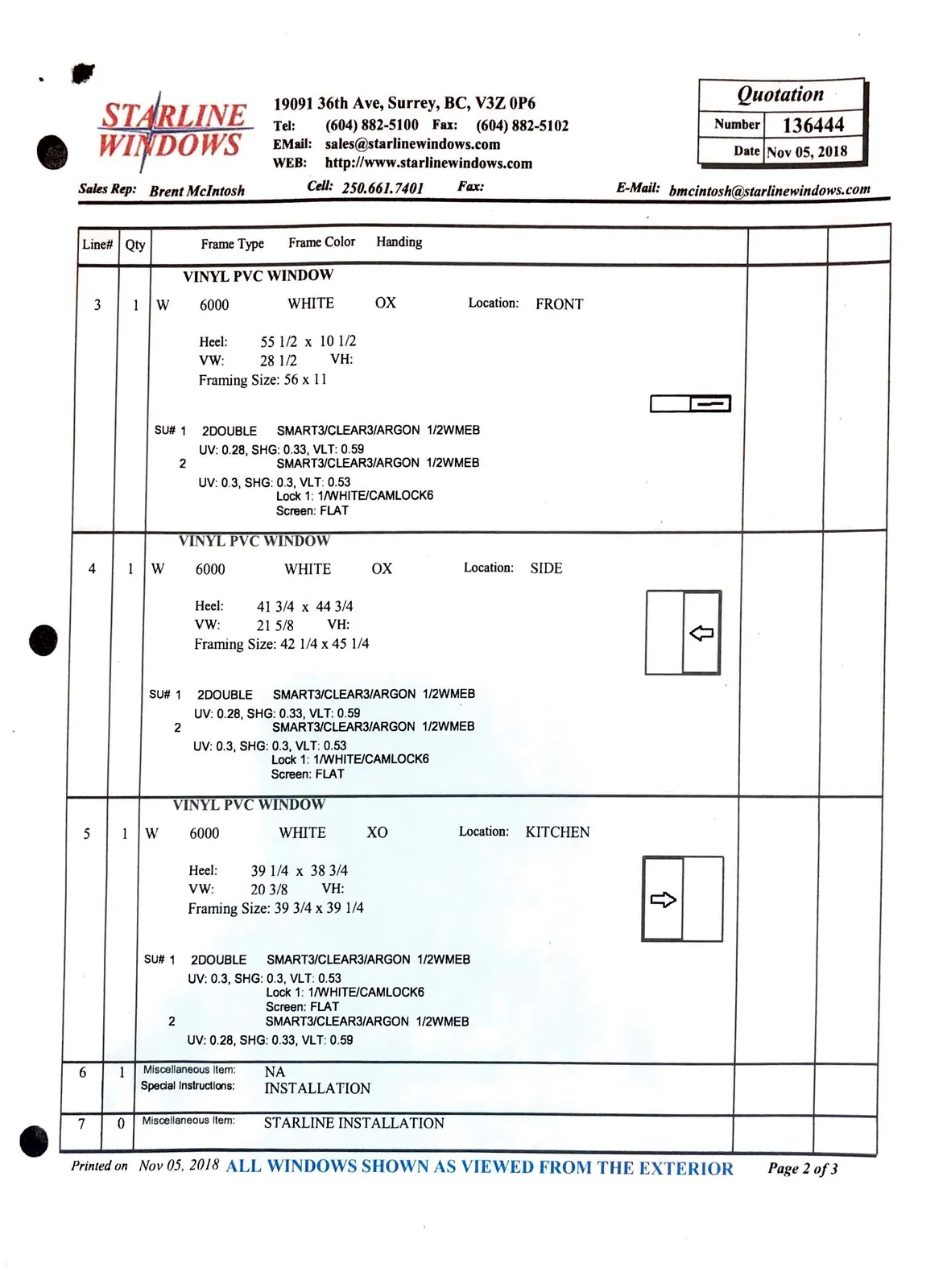Window diagram for Line 2 showing a vertical unit with four glass panels, with an awning symbol in the third panel from the top