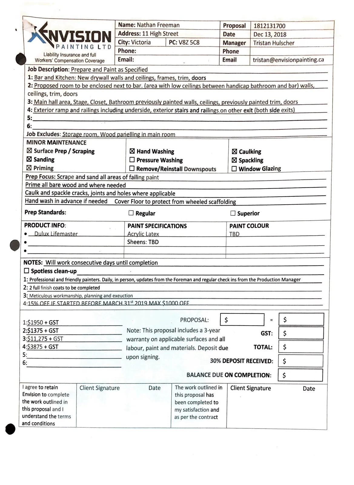 Envision Painting proposal form detailing job scope and pricing for Nathan Freeman