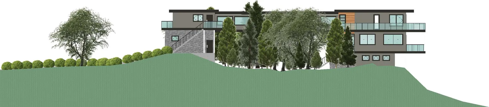 Side elevation rendering showing the multi-level residence on a sloped site with extensive landscaping and trees.