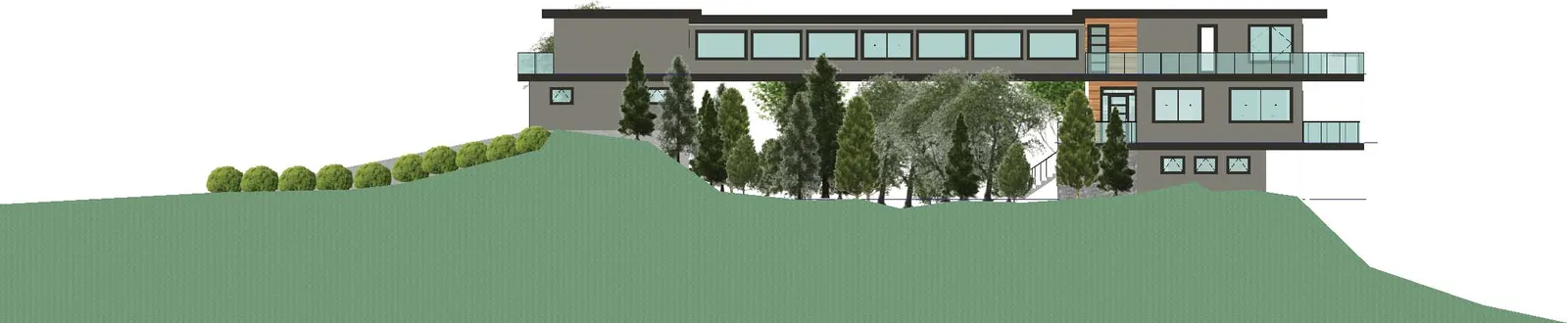 Side elevation rendering of proposed house showing overhanging structure and preserved trees