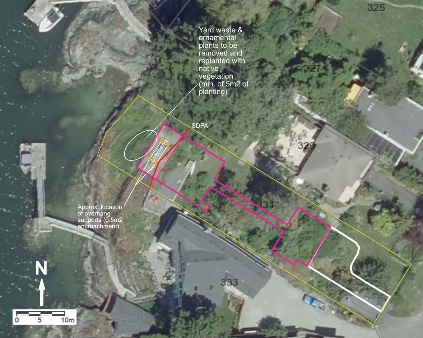 Aerial map labeled "Figure 1. SDPA, footprint of house, overhang supports, native plant removal and compensation planting."