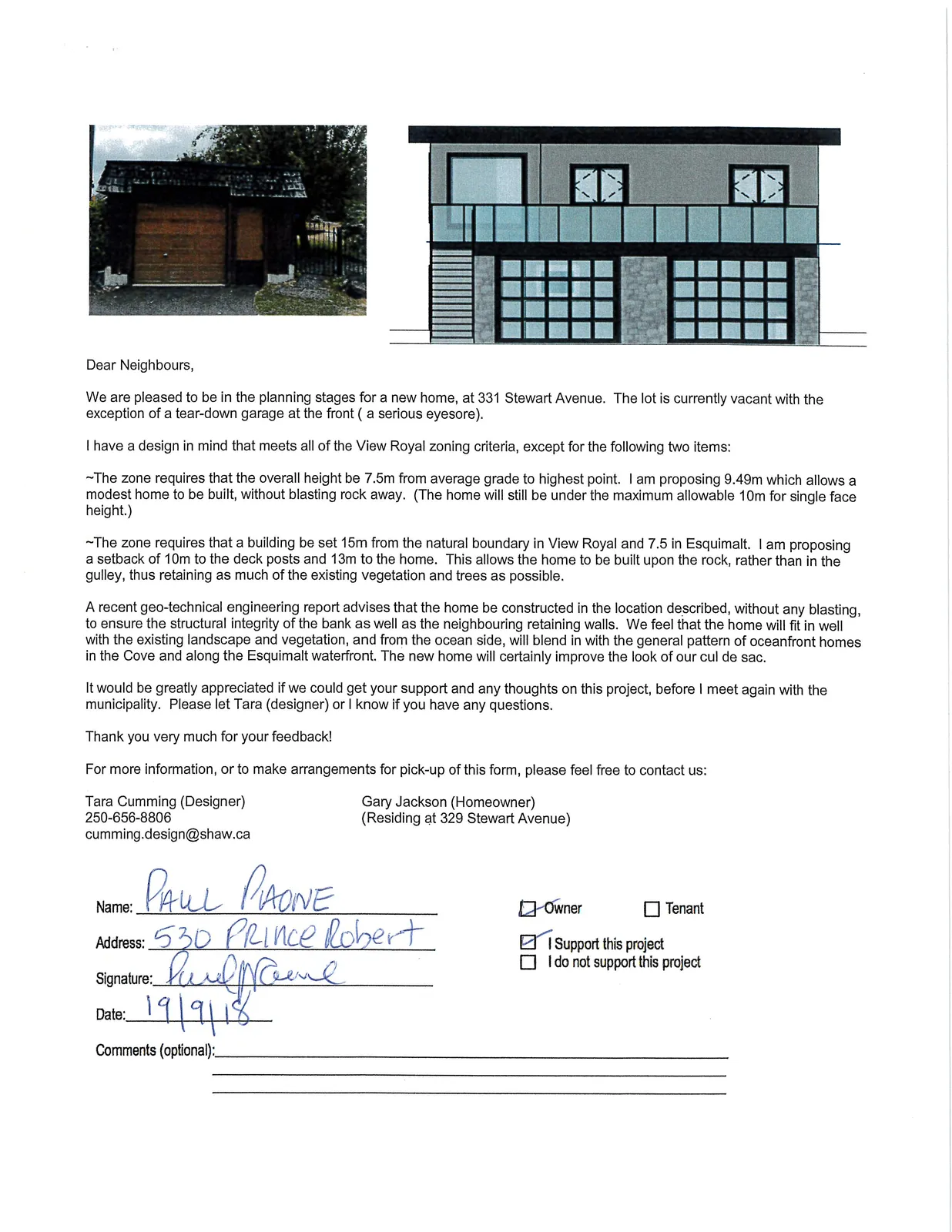 Photo of an existing tear-down garage and architectural rendering of the proposed new home at 331 Stewart Avenue