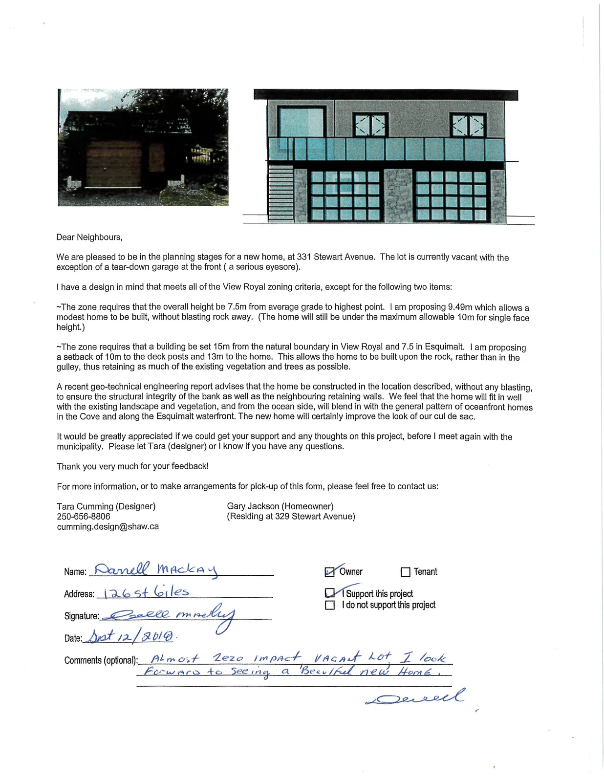 Photo of an existing tear-down garage and an architectural rendering of the proposed new residence