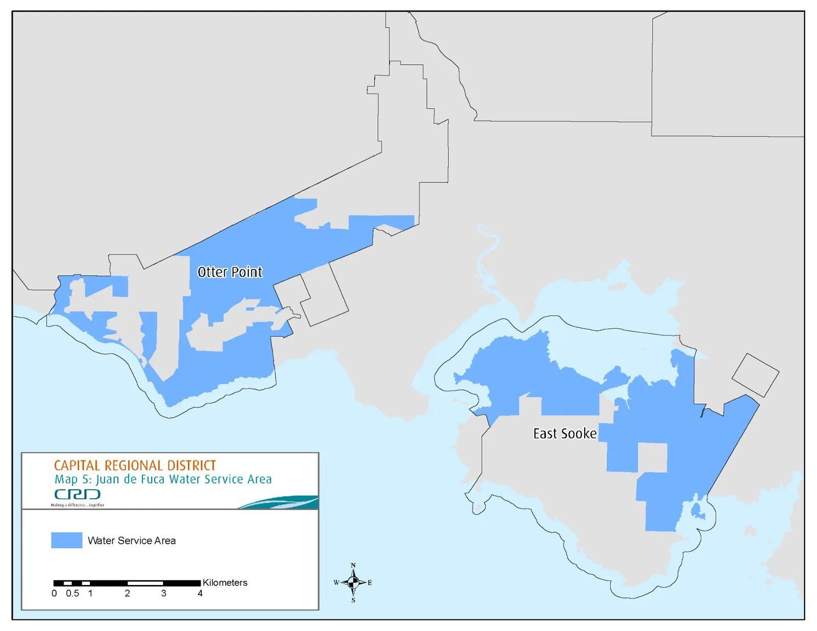 Map showing the Water Service Areas in blue for the communities of Otter Point and East Sooke within the Juan de Fuca area.