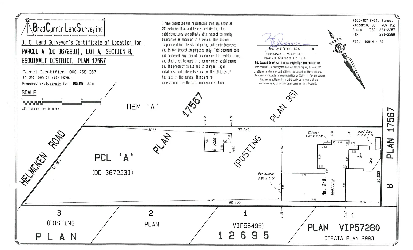 Survey plan of Parcel A (DD 367223I) at 240 Helmcken Road, showing property boundaries, building footprints, and site dimensions in metres.