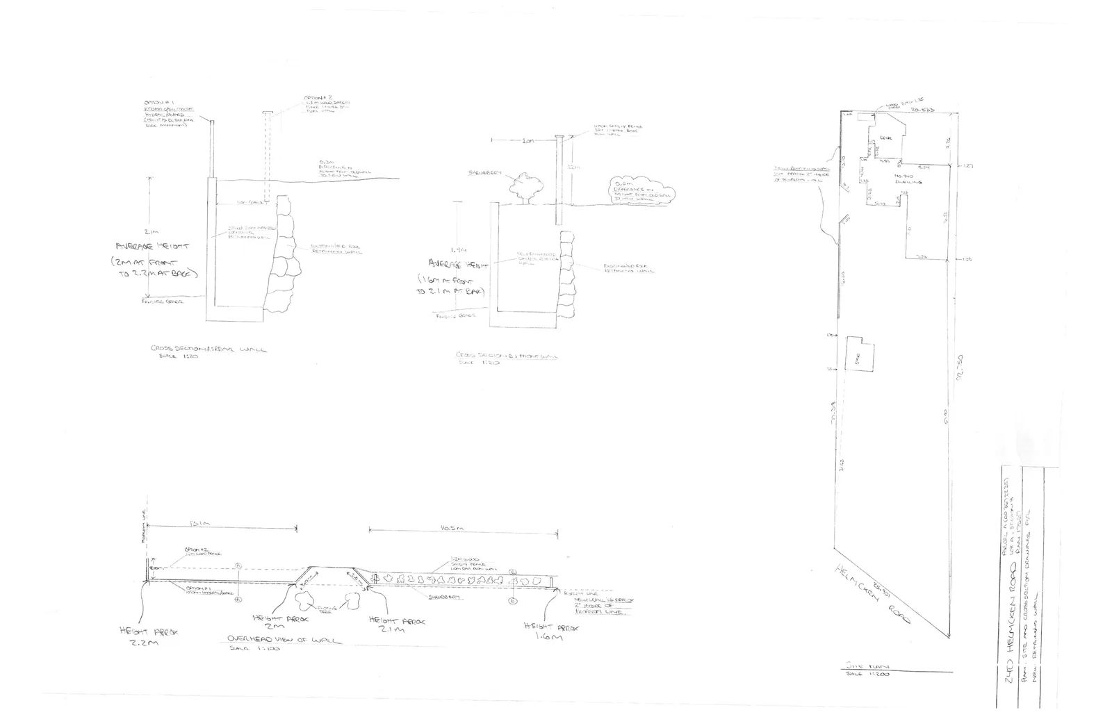 Technical drawings including site plan, overhead view, and cross sections for a new retaining wall at 240 Helmcken Road.