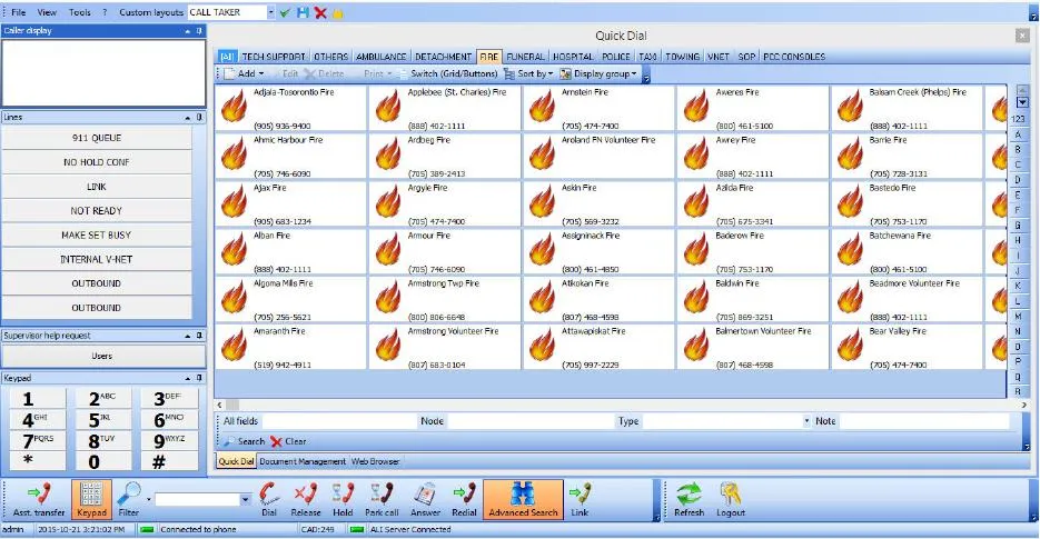 Screenshot of the softphone application's quick dial and directory interface for various fire departments