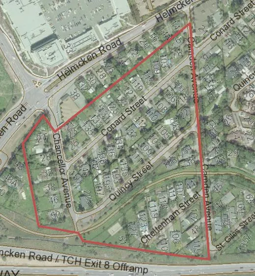 Map showing the survey distribution area outlined in red around Chancellor Park