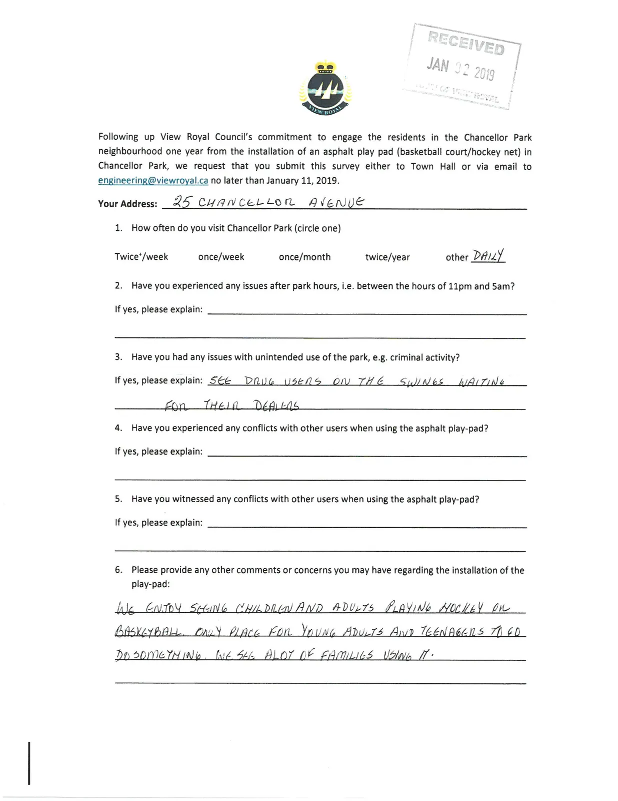 Survey response from 25 Chancellor Avenue
