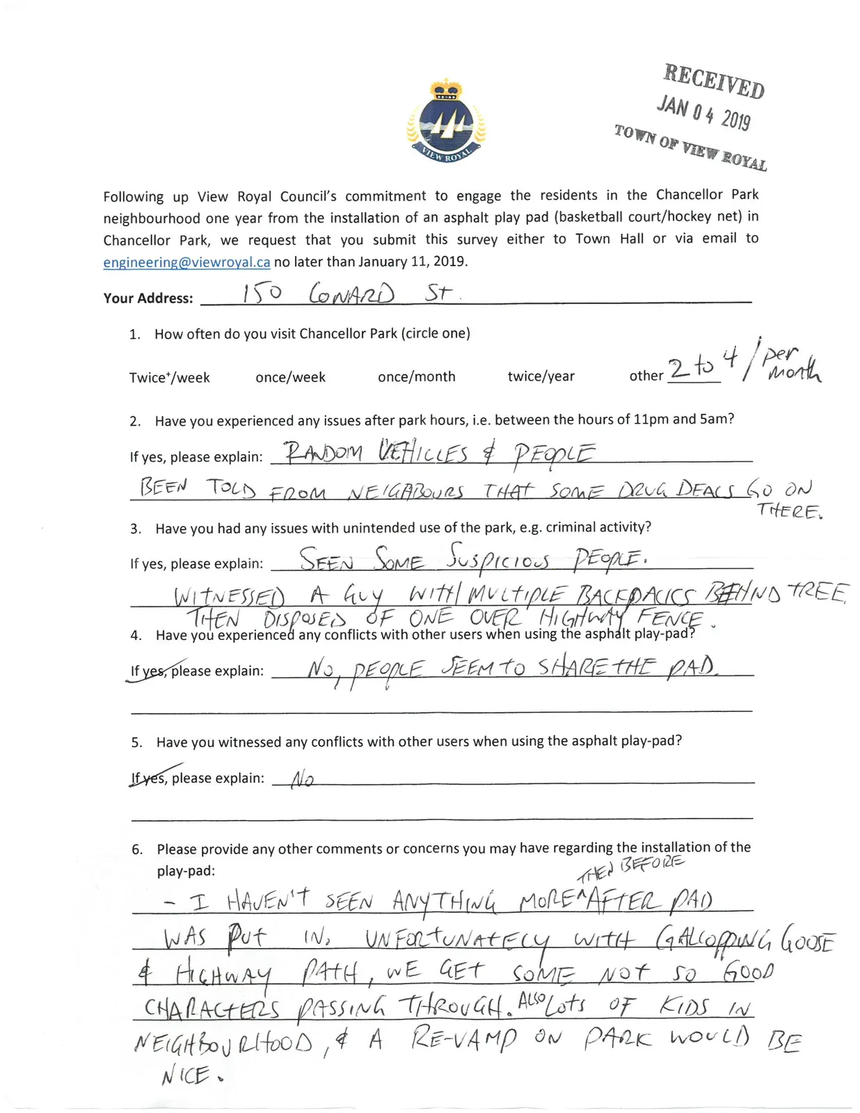 Survey response from 150 Conard St.