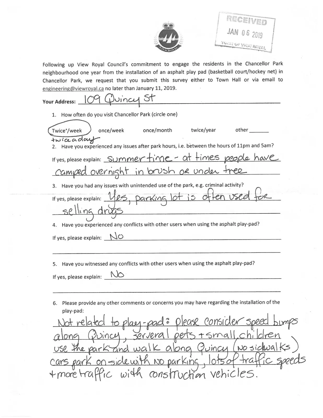 Survey response from 109 Quincy St