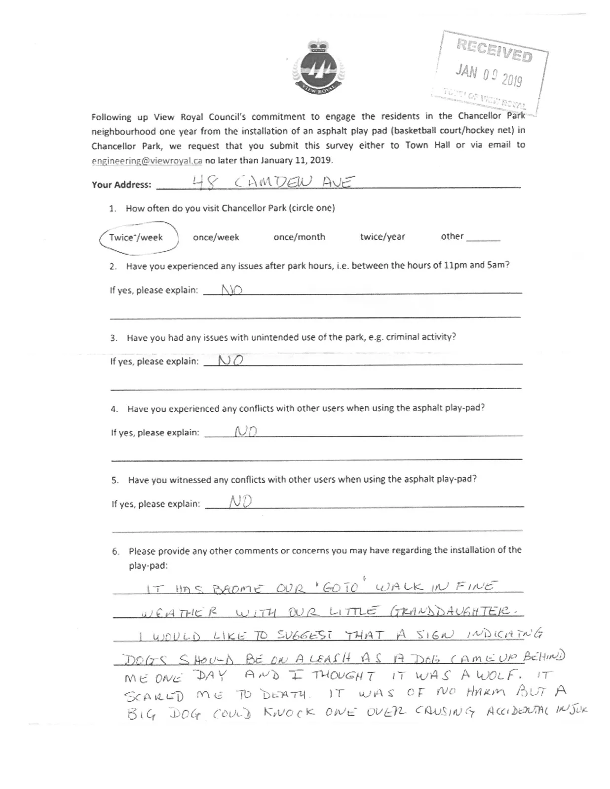 Survey response from 48 Camden Ave