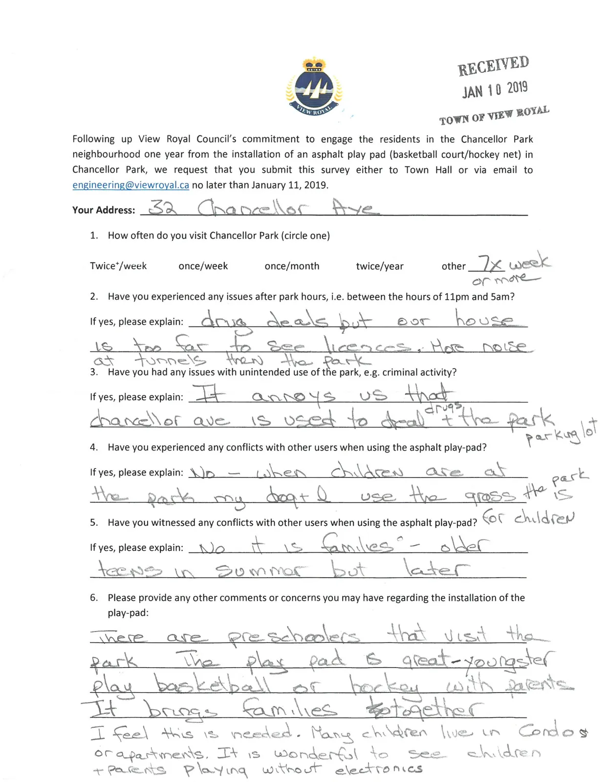 Survey response from 32 Chancellor Ave