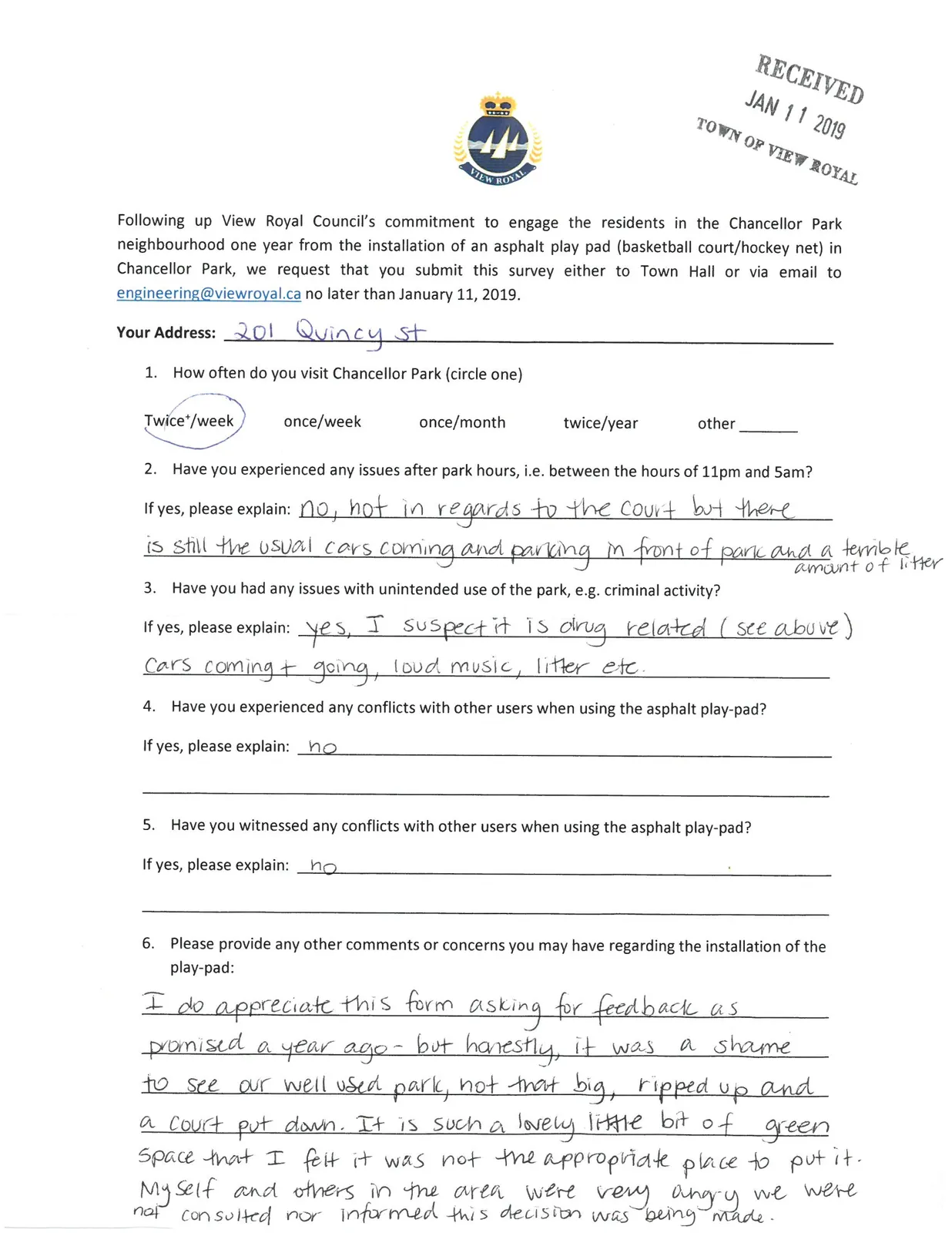 Survey response from 201 Quincy st
