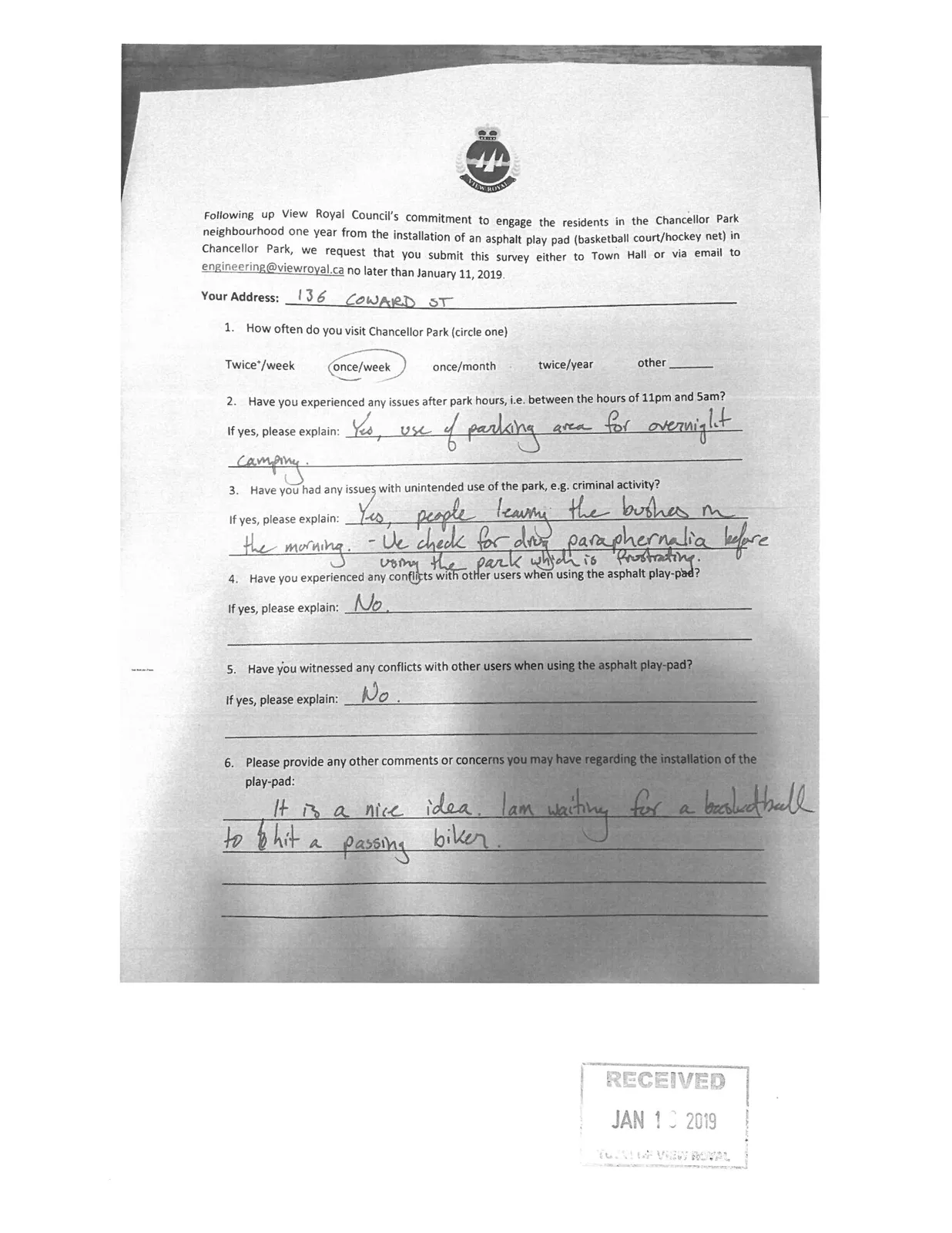 Survey response from 136 Coward St