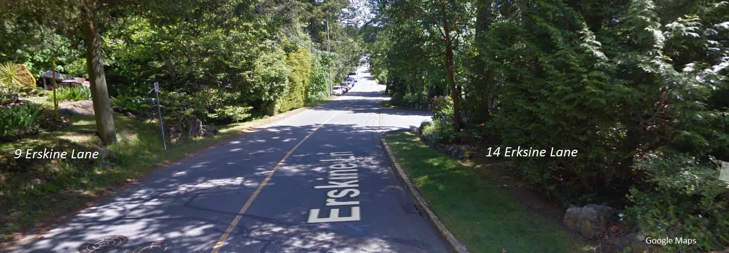 Ground-level street view photo of Erskine Lane looking east towards the Trans Canada Highway, highlighting the lack of current walking areas