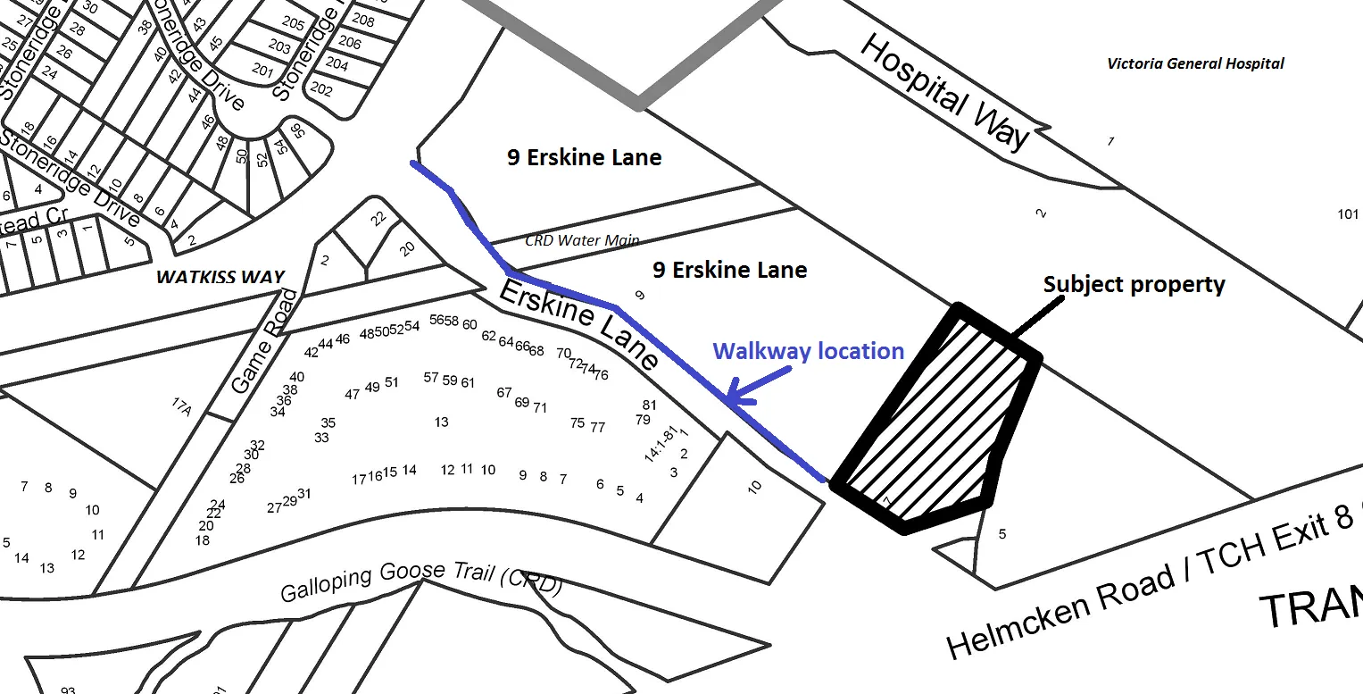 Planning map diagram highlighting the proposed 260m asphalt walkway location along Erskine Lane