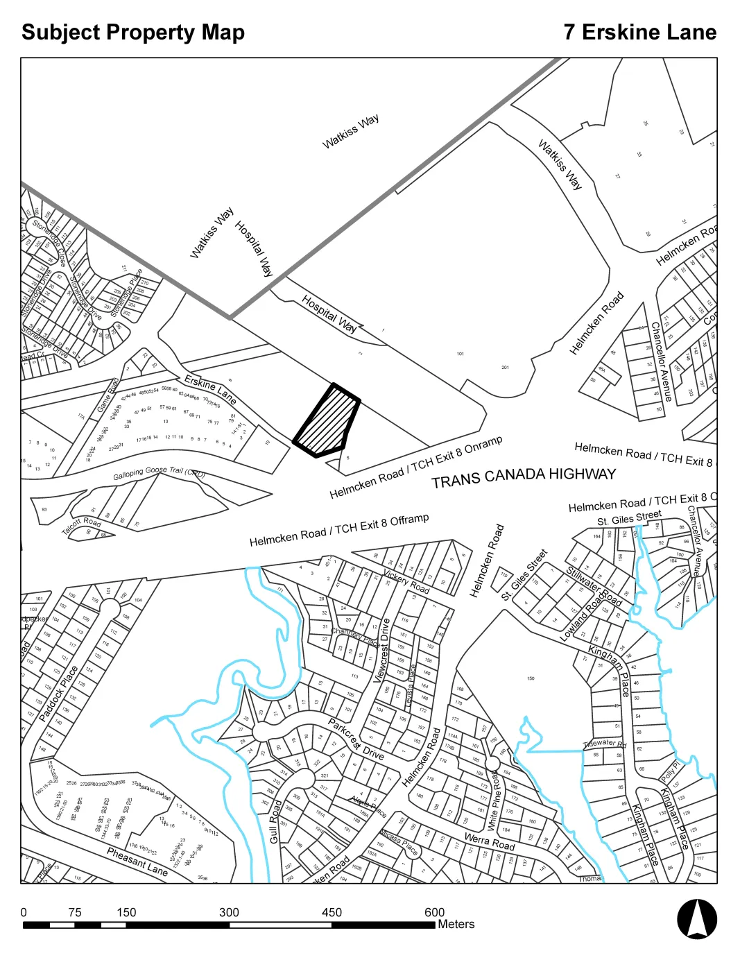 Subject property map showing 7 Erskine Lane highlighted in a black hatched pattern, located near Erskine Lane, Hospital Way, Watkiss Way, and the Trans Canada Highway.