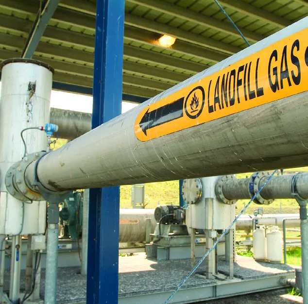 A close-up of a large industrial pipe labeled "LANDFILL GAS" with an arrow indicating flow.