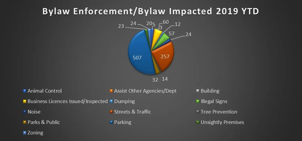 Pie chart titled Bylaw Enforcement/Bylaw Impacted 2019 YTD showing the distribution of occurrence categories